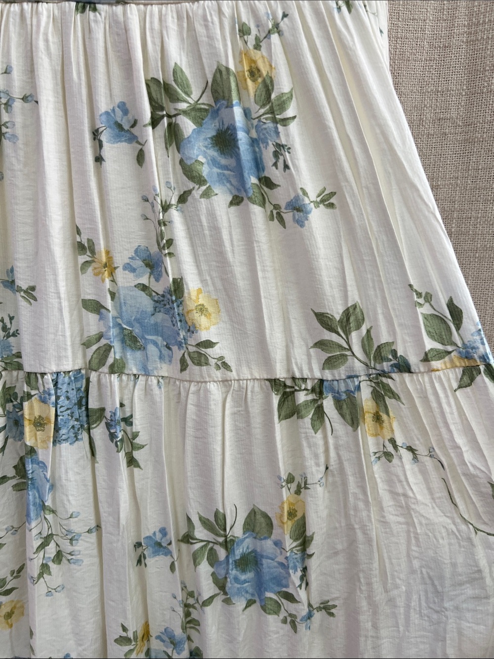 White Blue Yellow Floral Tiered Midi Dress Lace Tie Straps Large - Picture 9 of 14
